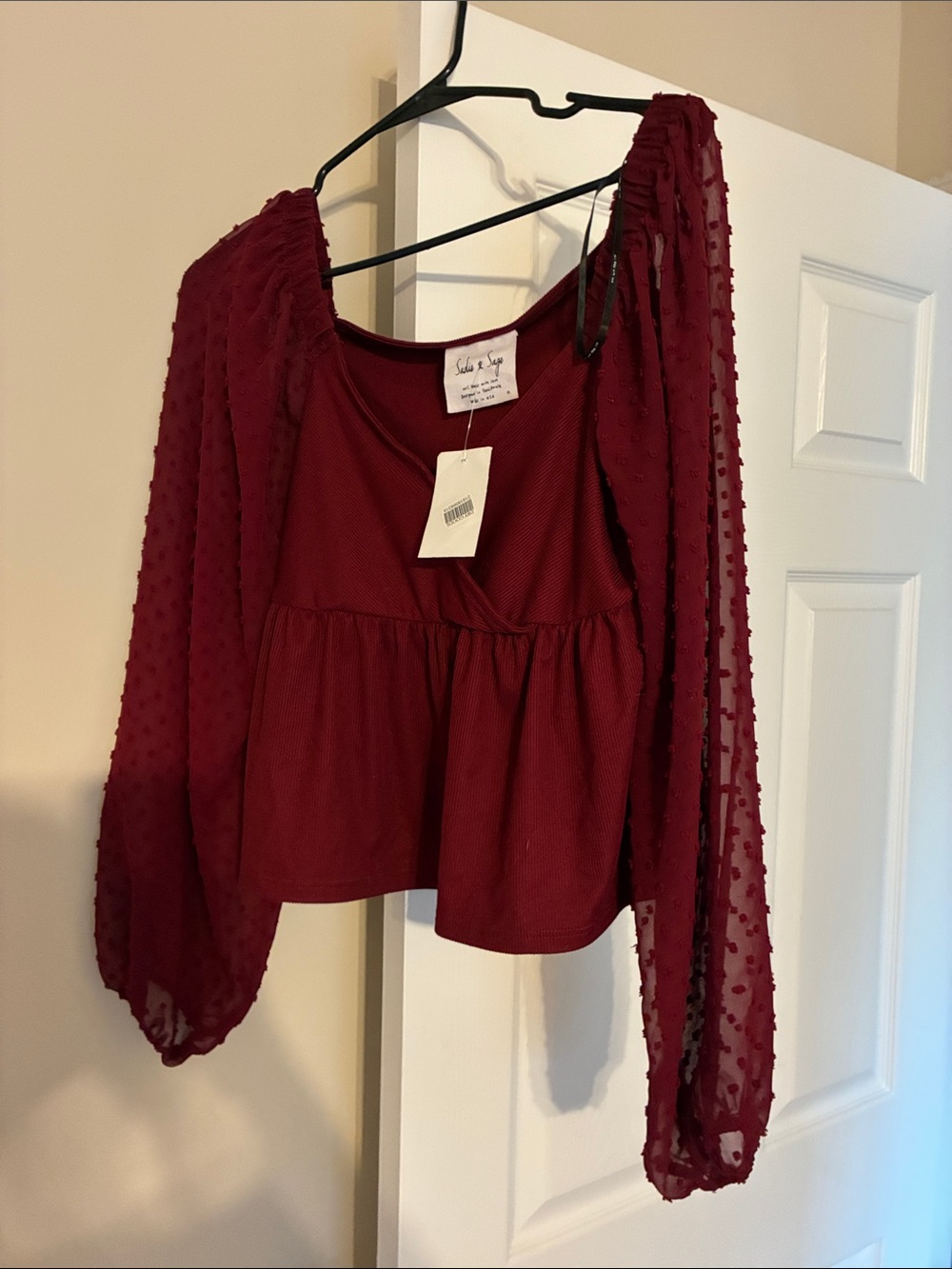 Sadie & Sage Burgundy Swiss Dot Peasant Blouse